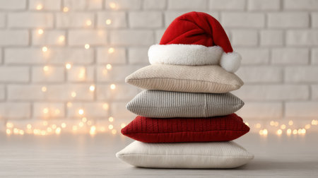 A cozy and festive arrangement of stacked pillows topped with a Santa hat, illuminated by the warm glow of string lights, perfect for a holiday atmosphere.の素材
