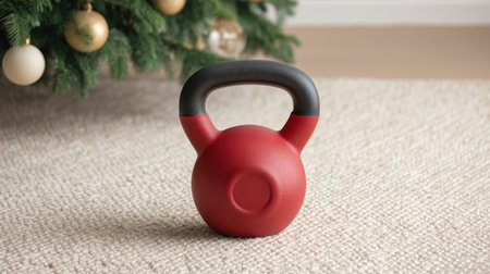 A vibrant red kettlebell rests on a light-colored floor near a beautifully decorated Christmas tree, symbolizing the blend of fitness and festive joy in a cozy setting.の素材
