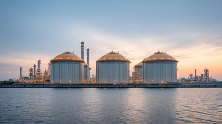 A stunning view of an industrial natural gas plant at sunset, featuring large storage tanks, reflecting colorful dusk hues over calm waters, capturing urban energy.の素材
