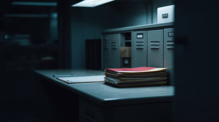 A serene office workspace illuminated by low light, showcasing neatly arranged folders on a desk. This setting promotes focus and organization, perfect for work.の素材