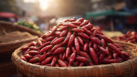 A mesmerizing display of vibrant red chilies glowing in sunlight at a busy spice stall, capturing the essence of an outdoor market filled with fresh produce.の素材