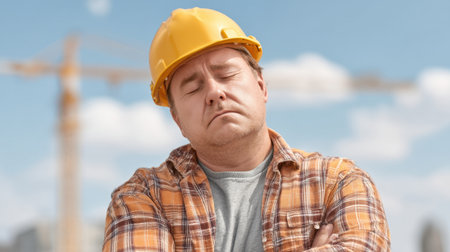 A focused construction worker wearing a yellow helmet stands against a sunny background. The image captures the determination and professionalism of the labor in an urban setting.の素材