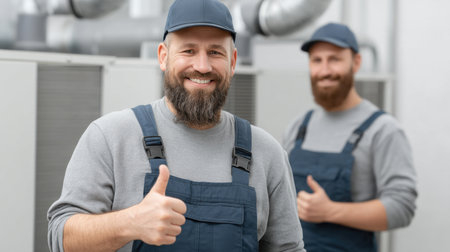 A confident HVAC technician is giving a thumbs up in the foreground, showcasing positive interaction and professionalism, with another technician visible in the background.の素材