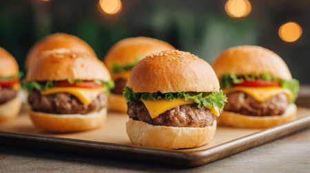 This image showcases mouth-watering cheeseburgers arranged neatly on a baking sheet, illuminated by warm lighting, perfect for any culinary or food-related project.の素材