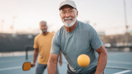 An older man in a sports cap enjoys playing pickleball outdoors, demonstrating skill and engagement in a friendly game with a friend under the sun.の素材