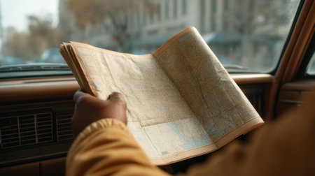 A person holds a detailed paper map inside a vintage car, searching for directions through city streets. The scene captures the essence of exploration and adventure.の素材