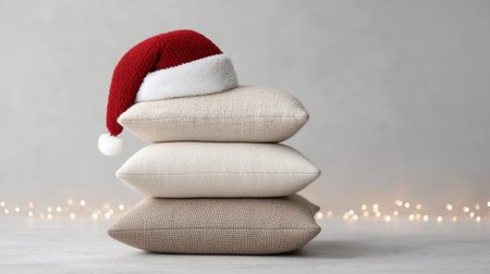 Delight in this festive image showcasing decorative pillows topped with a Santa hat, wrapped in soft fairy lights, perfect for holiday decor inspiration.の素材