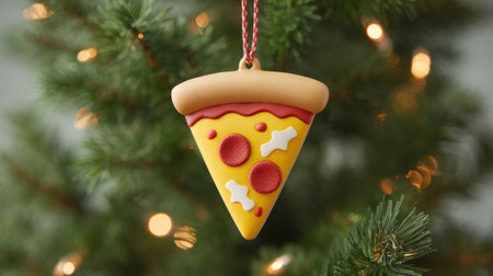This unique pizza-shaped ornament hangs elegantly on a Christmas tree, surrounded by vibrant pine needles and sparkling lights, adding a playful touch to festive decorations.の素材