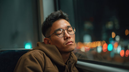 A young man rests against the window of a commuter train, his expression reflecting the peaceful yet busy urban environment illuminated by city lights.の素材