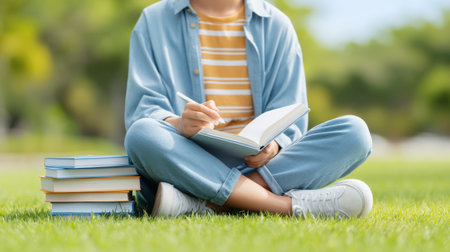 A peaceful scene of a person studying on the lush green lawn with books and a pen. This serene moment embodies learning and reflection in a natural, academic environment.の素材