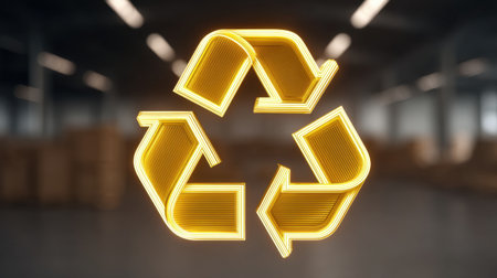 A bright neon recycling symbol stands out in a spacious industrial setting, emphasizing the importance of sustainability and eco-friendly practices in modern design.の素材