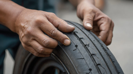 Skilled hands engage in the intricate process of fixing a tire puncture, showcasing the importance of regular maintenance and attention to detail in vehicle care.の素材