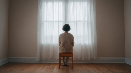 A solitary figure sits in a cozy chair by a window, enveloped in soft light, capturing a moment of peaceful reflection in a minimalist interior space.の素材