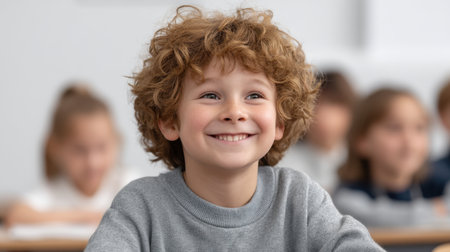 A young boy with curly hair smiles awkwardly in a classroom setting, surrounded by classmates, embodying innocence and the joy of learning in school.の素材