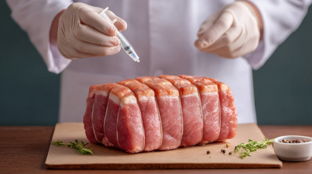 A chef uses an injector to season a pork roast, showcasing expert technique and attention to detail. The fresh meat highlights a rustic presentation in a professional kitchen setting.の素材