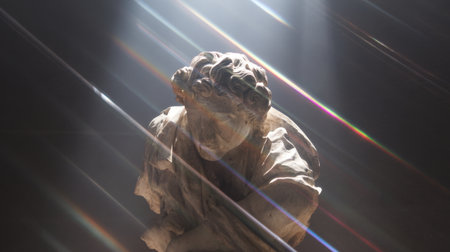 A breathtaking marble sculpture surrounded by holographic light beams creates an ethereal atmosphere, showcasing artistry and timeless beauty in an enigmatic setting.の素材