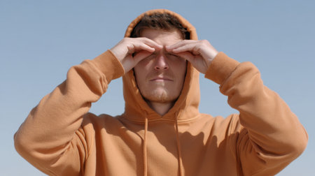 A young man stands outdoors, shielding his eyes from the bright sun. Dressed in a casual hoodie, he displays natural body language against a clear blue sky.の素材