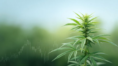A vibrant cannabis plant stands against a soft-focus background, symbolizing growth and financial data overlays that provide insights into investment and market trends.の素材