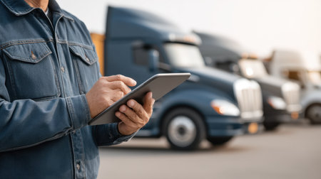 A businessman stands in a truck yard, using a tablet to oversee logistics and improve fleet management during sunset, emphasizing modern technology in transport operations.の素材
