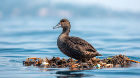 A solitary duck perches on a floating pile of garbage in the serene sea, reflecting the urgent need for environmental awareness and the health of marine life.の素材