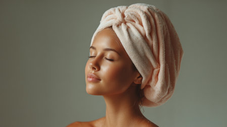 A tranquil portrait of a woman with a stylish shower cap, basking in soft light, embodies relaxation and wellness, capturing a blissful moment of self-care and serenity.の素材