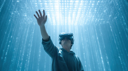 A person wearing a virtual reality headset reaches out into a captivating digital space filled with light streams, creating an immersive and extraordinary experience.の素材