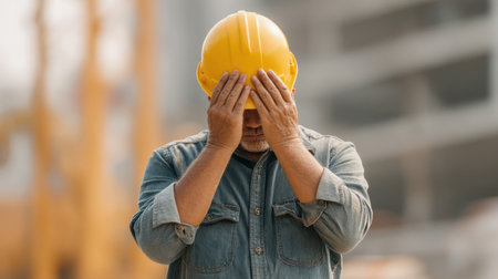 A construction worker in a yellow hard hat stands at a busy site, overwhelmed by stress and fatigue while working under the bright sunlight of a demanding environment.の素材