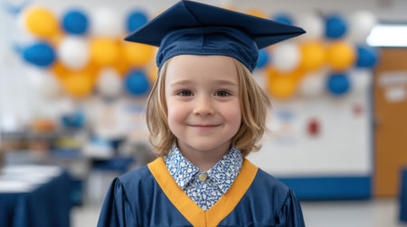A young child smiles proudly while wearing a graduation cap and gown during a kindergarten ceremony, showcasing joy and achievement in an educational setting.の素材