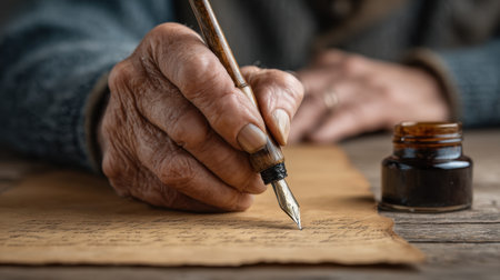 A close-up view of a hand delicately writing words on parchment with a quill pen and ink, showcasing the beauty of traditional calligraphy and personal expression.の素材