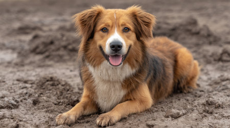 A joyful dog lies on the muddy ground, fur covered in dirt, radiating happiness and relaxation in an outdoor environment, perfect for animal lovers and pet photography.の素材
