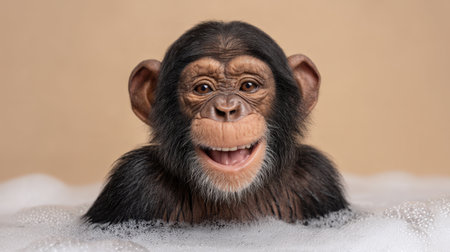 A cheerful chimpanzee enjoys a warm bubble bath, displaying a joyful expression amidst vibrant bubbles. This adorable scene promotes relaxation and fun.の素材