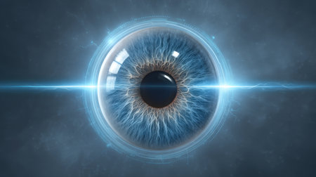 A mesmerizing depiction of a human eye, illuminated by a striking laser beam, set against a black background. Perfect for design, science, or health themes.の素材