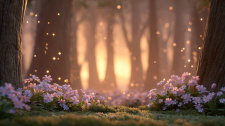 Experience a serene woodland scene at sunset, where luminous flowers create a captivating atmosphere filled with warmth and tranquility amid the trees.の素材