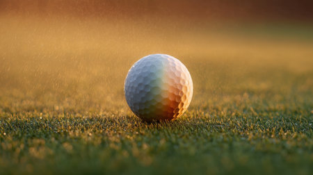 Experience the tranquil beauty of a golf ball resting in lush grass, illuminated by a gentle spray of rainbow colors, capturing the essence of serene outdoor leisure.の素材