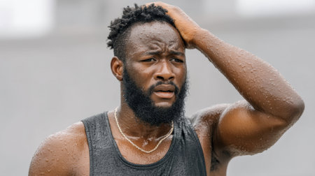 A young man sweats heavily as he clutches his head in visible discomfort after an intense workout session. The image captures an authentic moment of struggle.の素材