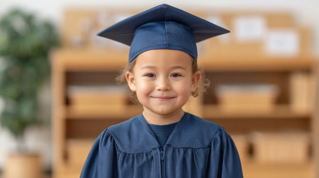 A joyful preschool graduate wearing a cap and gown smiles proudly, celebrating a significant educational milestone in a cheerful and loving environment.の素材