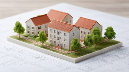 This image showcases a detailed architectural model of a modern residential complex with greenery and blueprints, ideal for design projects and presentations in real estate.の素材