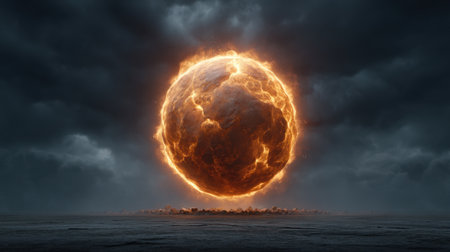 A stunning orb bursting with energy hovers above a fractured ground, enveloped in a dark sky, radiating a fiery glow, creating a dramatic and surreal atmosphere.の素材