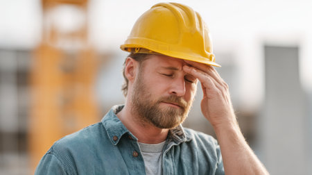 A builder wearing a yellow hard hat stands at a construction site, displaying focus and determination under bright sunlight while managing the day's challenges.の素材