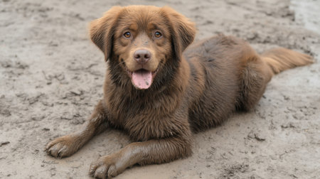 A joyful brown dog lies on the muddy ground, its fur covered in dirt after a fun play session. The expression radiates happiness, capturing a serene moment in nature.の素材