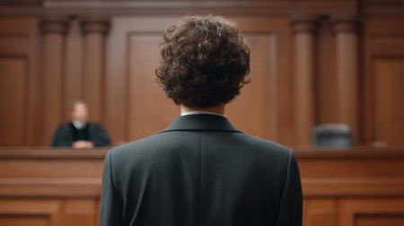 A person stands before a judge in a formal courtroom setting, emphasizing the serious nature of legal proceedings and the pursuit of justice within an interior environment.の素材
