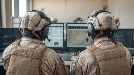Two military personnel focus on operation monitors in a command center, highlighting their teamwork and the advanced technology used in modern military operations.の素材