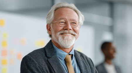 A confident business coach with a warm smile promotes personal growth and professional progress in an inspiring office setting, encouraging teamwork and innovation.の素材