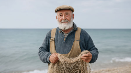 An elderly fisherman stands on the shore, smiling gently while holding a worn fishing net. This image reflects the dedication and tradition within coastal communities.の素材