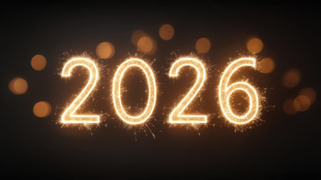 Captivating image of the number 2026 formed with glowing sparklers, surrounded by soft bokeh lights, perfect for festive celebrations and New Year's themes.の素材