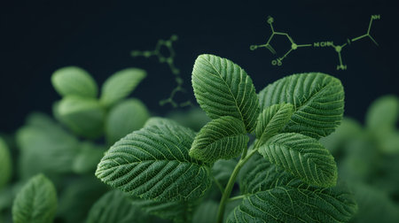 Close-up of vibrant green leaves with glowing molecular structures in the background, symbolizing the connection between nature and science in a serene atmosphere.の素材
