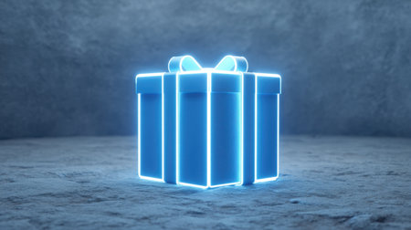 Discover a stunning futuristic blue gift box with neon edges, set against a holographic background, perfect for modern celebrations and digital themes.の素材