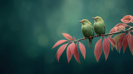 This captivating image showcases two green birds perched gracefully on a branch, surrounded by lush red leaves, creating a vibrant and serene atmosphere.の素材