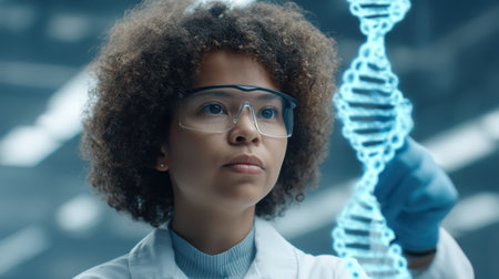 A focused scientist explores the virtual DNA structure in a modern laboratory, showcasing innovation and advanced technology in genetic research and analysis.の素材