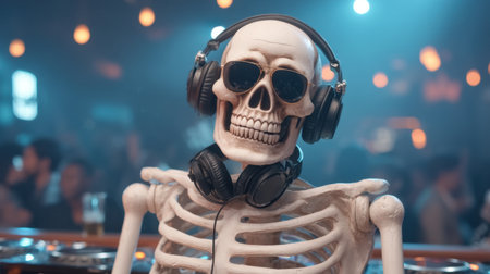 A lively nightclub scene showcasing a skeleton DJ wearing headphones, ready to energize the party with vibrant strobe lights, creating an unforgettable nightlife experience.の素材